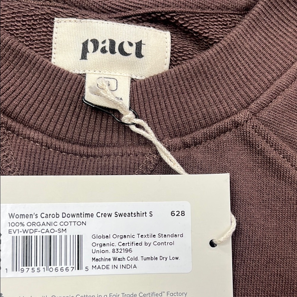 NEW Pact S 100% Organic Cotton Women Brown Carob Downtime Crew Neck Sweater - Picture 2 of 10